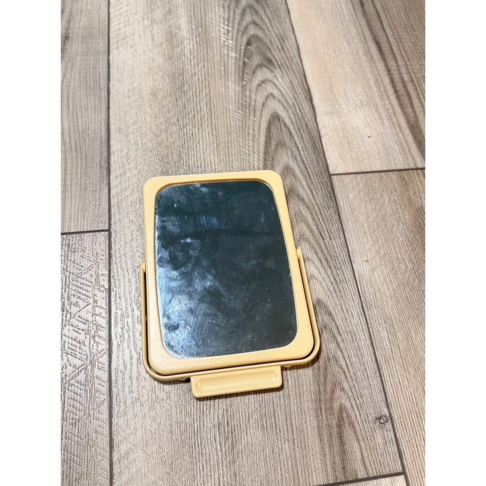 Vintage Yellow Tabletop Vanity Beauty Mirror Folding Kickstand Travel Retro